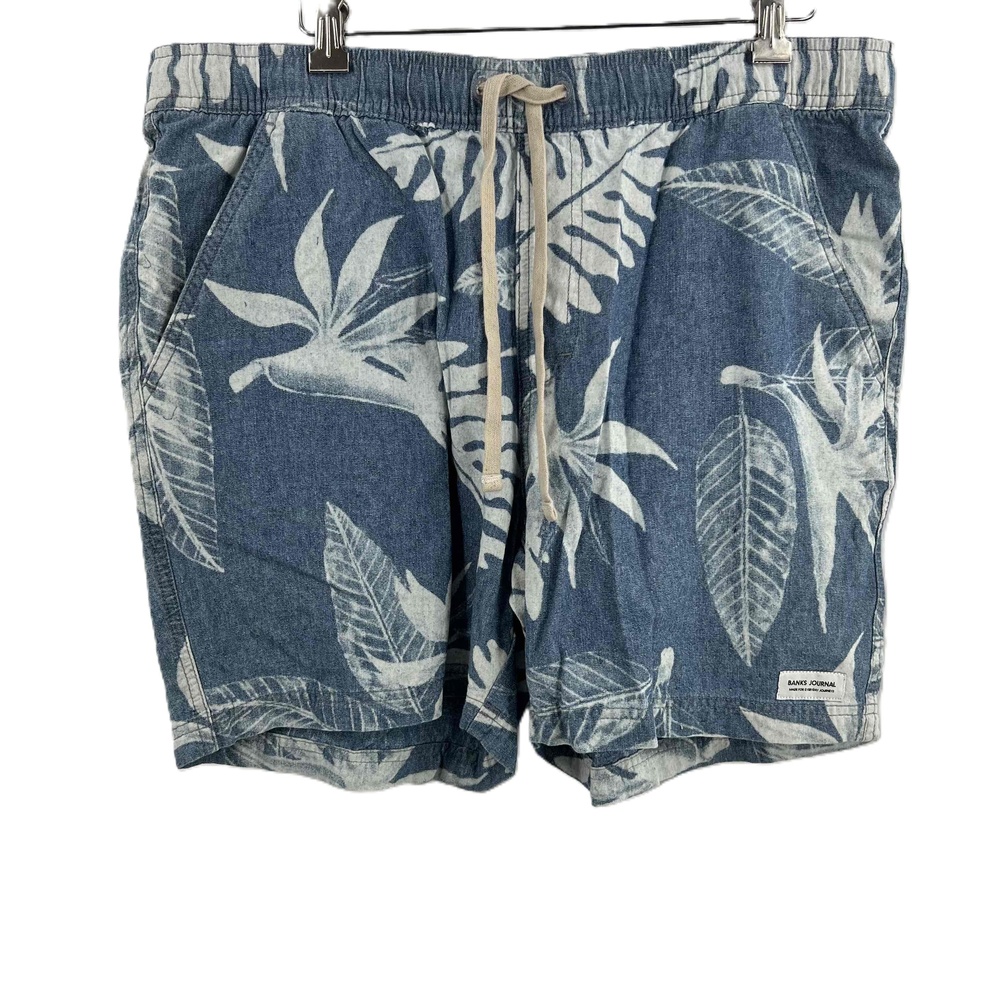 Banks Journal Men’s Shorts Blue Bloom‎ Chambray Walk Shorts Elastic Waist Floral